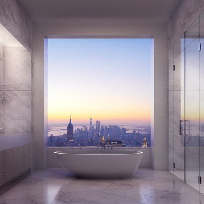 Грим баня-модерен-красив-вана-и-зашеметяващ изглеждащ-чрез-прозорец