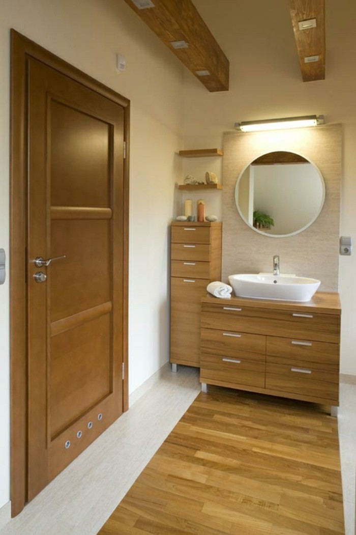 浴室，质朴的木盆洗手盆单元