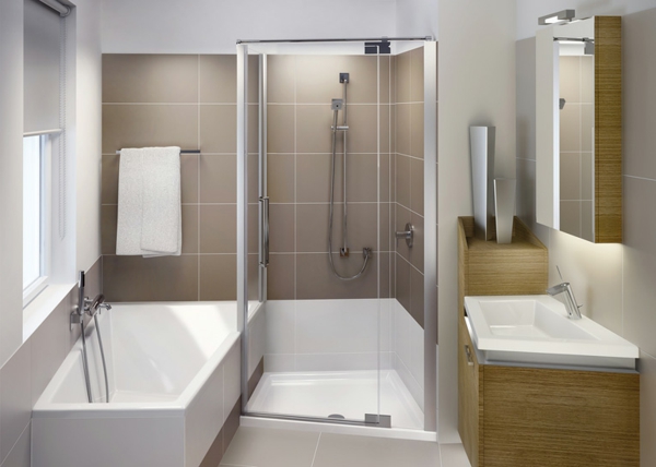 卫生间的设计思路，棕色的瓷砖淋浴房和小浴缸