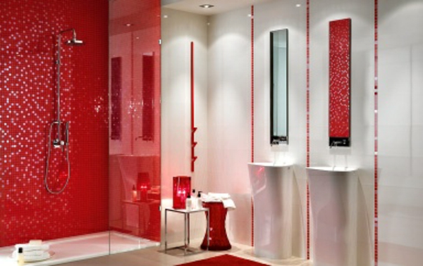 浴室瓷砖马赛克红浴 - 现代淋浴房