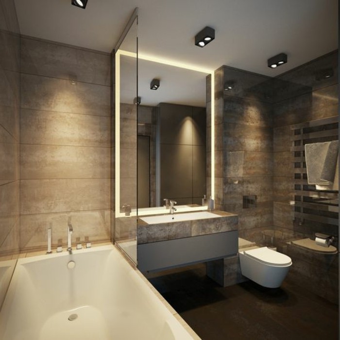 баня с дизайна идеи Modern-Бадер-баня-в-светло кафяво-огледало с осветление