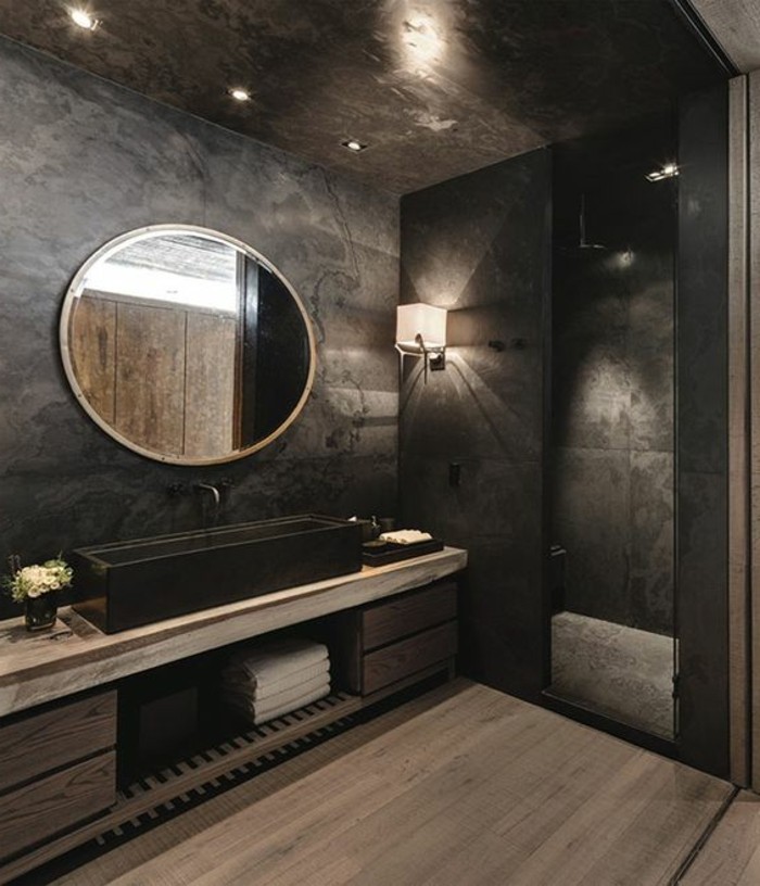 баня дизайн-идеи-мечтаят Бадер-баня-в-черно с-кръгло огледало
