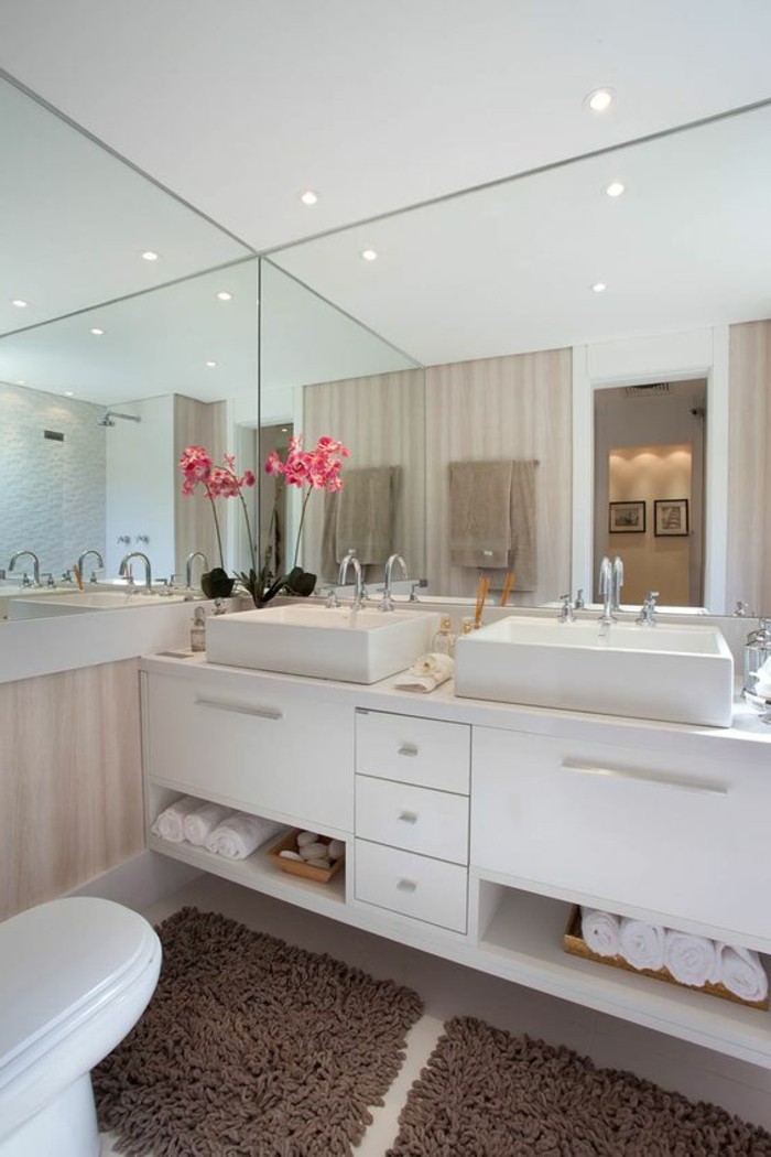 卫生间的设计思路梦巴德 - 浴室 - 与一对多镜和粉红色的花，比色口音