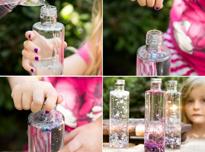 صنع زجاجات سحرية بنفسك ، ماء ، جلسرين ، حلويات ، مع أطفال