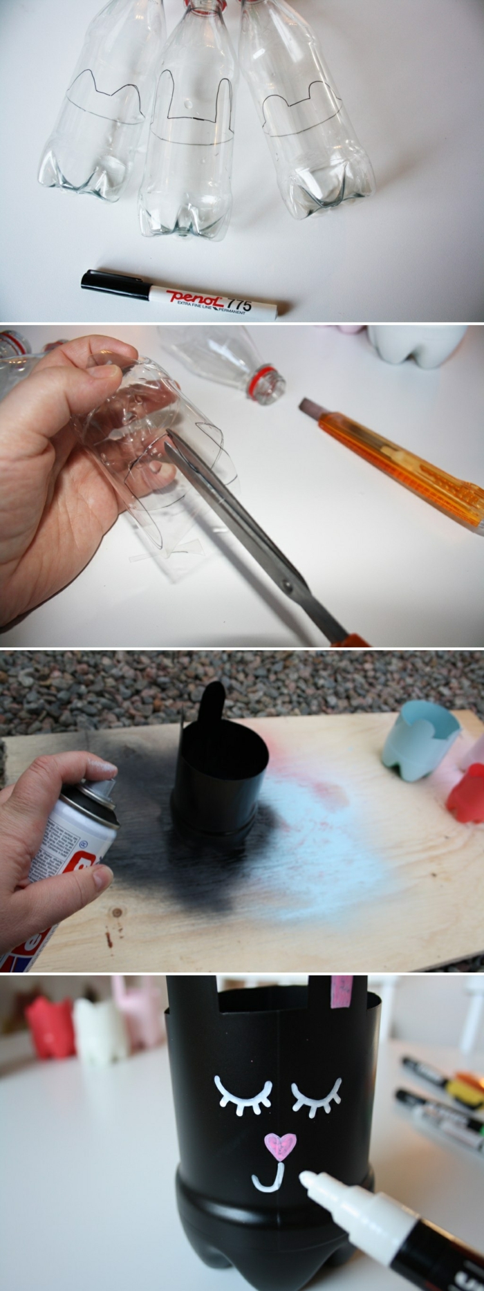 يشكل حامل قلم رصاص وزجاجة قطع مع مقص وأرنب ورذاذ أسود
