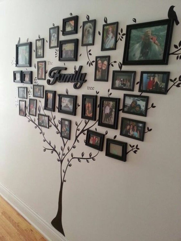 cadre photo-mur-famille-tree-de-images-gris-mur-plancher bois-
