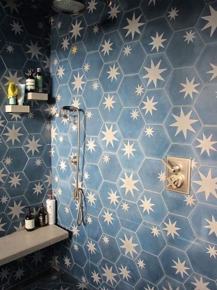 blue kylpyhuoneen laatat-with-kuusikulmio tähtimuodostelmassa