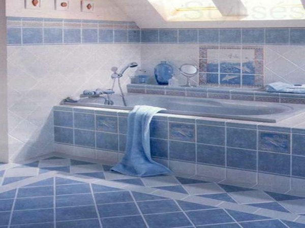 蓝色 - 蓝色 - 地砖瓷砖，浴室落地式