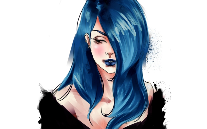 черна коса, вежди и устни, тапет със синя коса, аниме