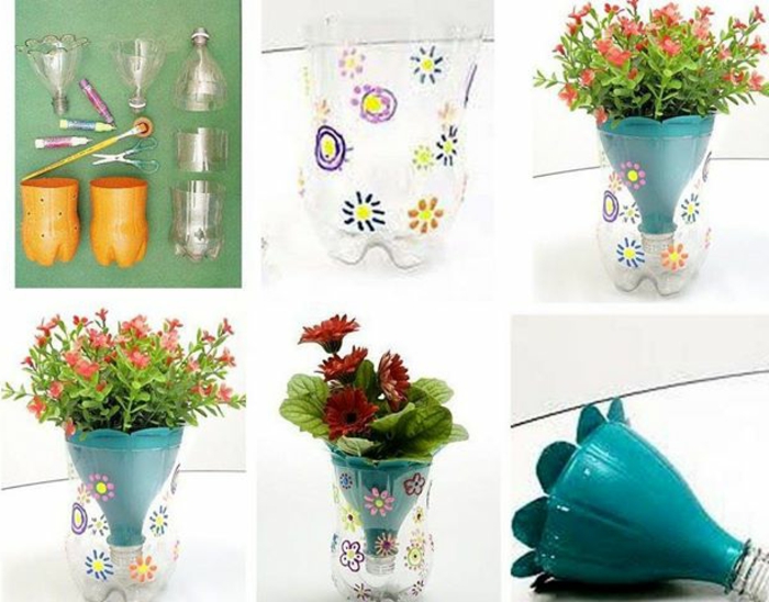 फूलों के बर्तन चित्रित बर्तन प्लास्टिक की बोतलों, फूल डिजाइन के साथ दिलचस्प डिजाइन विचारों नीले डिजाइन