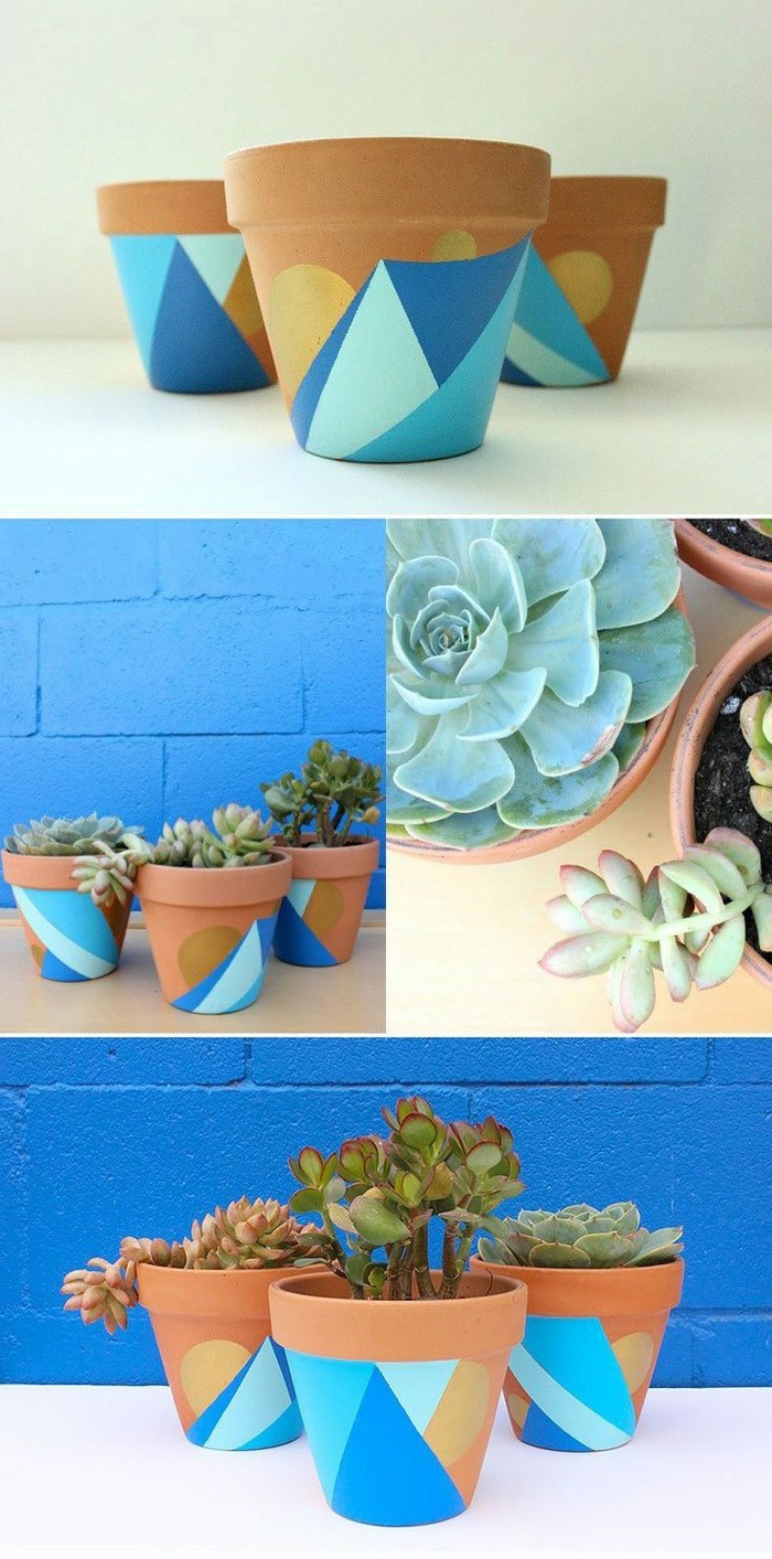 花盆在蓝色和黄色的绿色植物中点缀植物来装饰简单的花盆