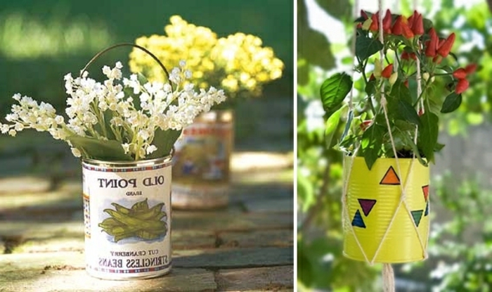 macetas de terracota pintadas pueden ideas de diseño de maceta flores blancas latas amarillas con decoraciones de triángulo