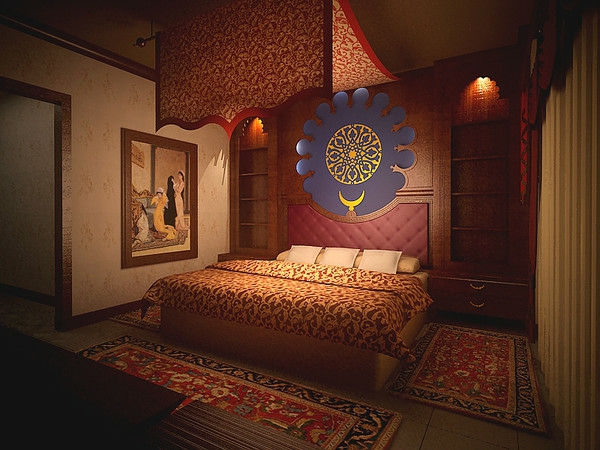 एक खूबसूरत ओरिएंटल बेडरूम के लिए भूरे रंग के डिजाइन
