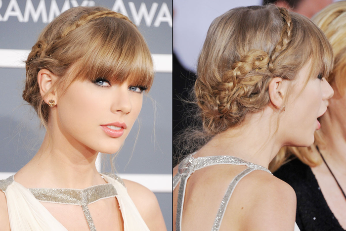 Taylor Swift με περίπλοκα πλεκτά hairstyle ξανθά μαλλιά διακριτική συνθέτουν παράνυμφος hairstyle