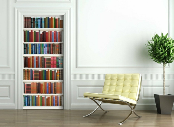 रंगीन तस्वीर वॉलपेपर किताबें दीवार और पीले रंग की कुर्सी-आकार दिया-आकृति परिवर्तन