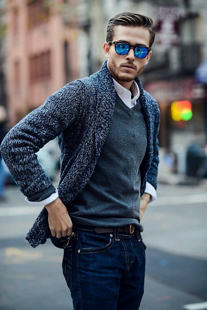क्यों एक कोट और रंगीन जाकेट पहनते हैं यदि आप एक कार्डिगन चश्मा जीन्स व्यापारी में बहुत अच्छा लग सकता है