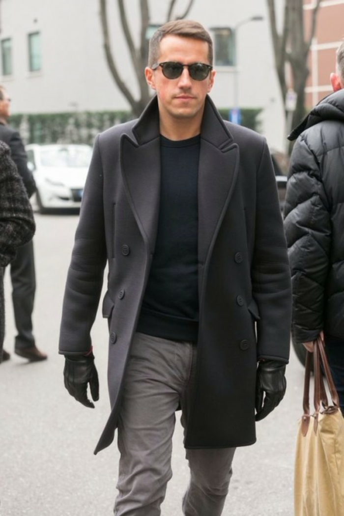 moderna combinación de moda de guantes negros y grises guantes sutil peinado hombre