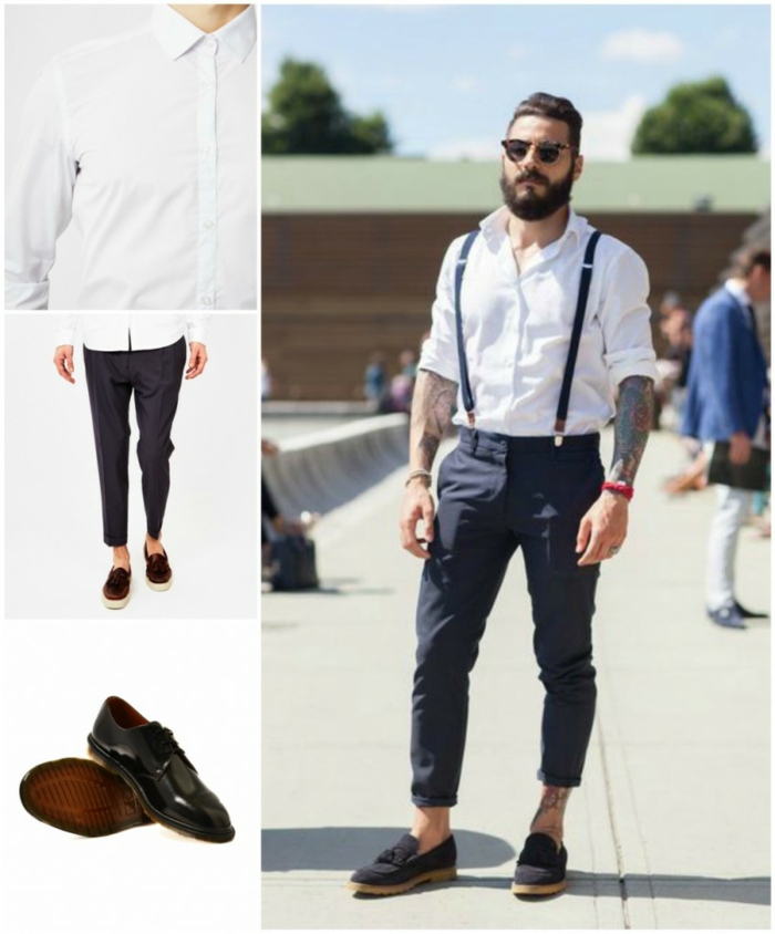 花式风格的胡子短裤和吊带眼镜的男人皮鞋现代发型