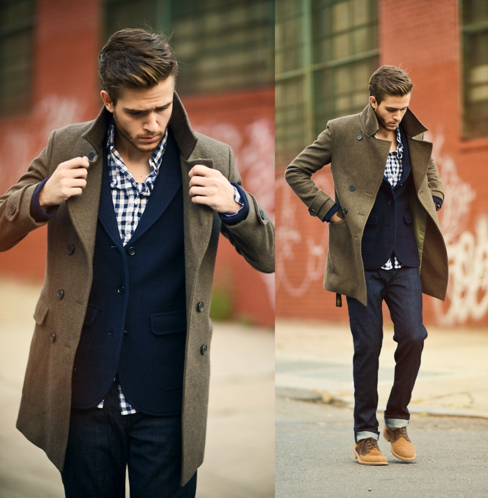 elegante atractivo y de moda vestido de hombre camisa rebeca jeans clarks peinado abrigo
