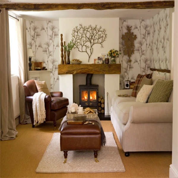 客厅设置 - 壁炉和皮革扶手椅