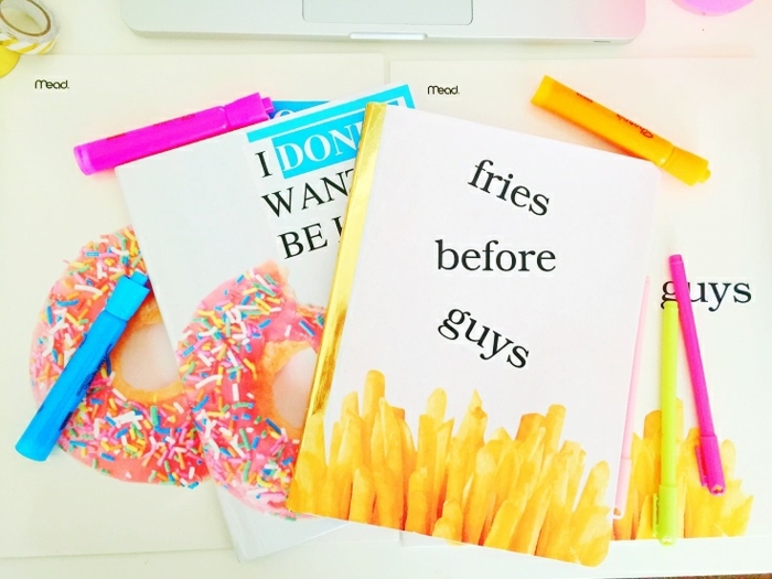 Etiquetas con temas de comida divertida impresos en útiles escolares - Pottes Fries and Donuts