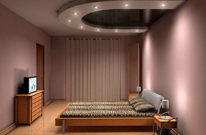 deckenbeleuchtung-за-спалня-лилаво-стени-и-съвременен-легло-дизайн