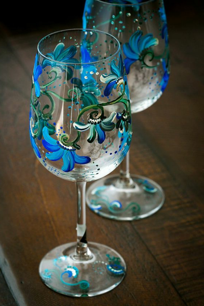 装饰眼镜，玻璃油漆，华丽，蓝色的花朵，diy