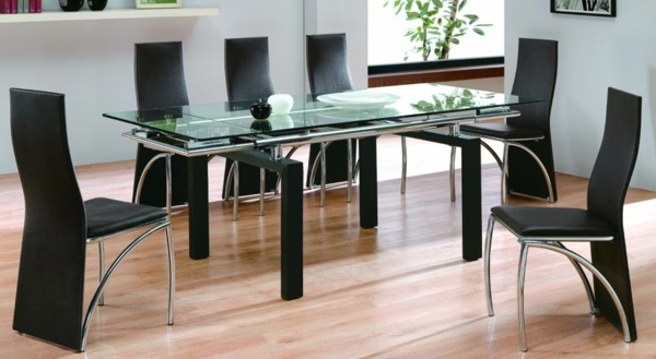 designer üveg asztal-by-fekete székek