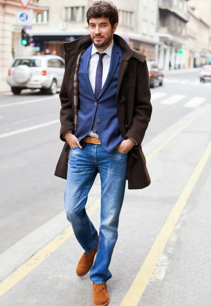 रंगीन जाकेट और शर्ट के साथ जीन्स नीले सफेद भूरा जूते और बेल्ट कोट गठबंधन