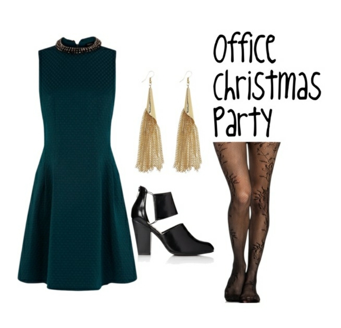 código de vestimenta festivo elegante fiesta de navidad en la oficina ideas vestido verde pendientes dorados tacones