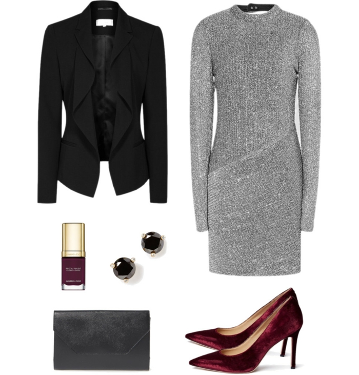 vestido festivo código de vestir vestido plateado brillante negro diamantes pendientes chaqueta zapatos rojos