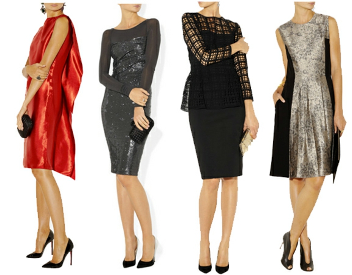 ड्रेस कोड महिलाओं मॉडल और रंगों के लिए कपड़े के विचारों को पहनते हैं, चार उदाहरण लाल ग्रे काले सुनहरे रंग के होते हैं