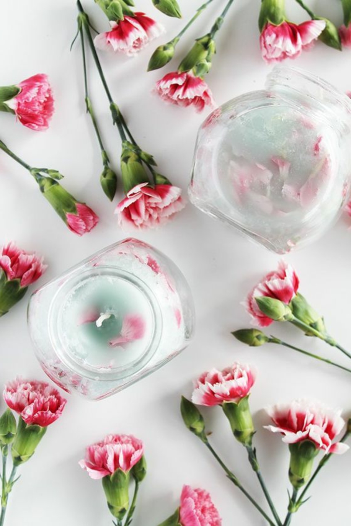 मोमबत्तियों को खुद बनाओ - मोमबत्तियों के साथ ग्लास कंटेनर, गुलाबी फूल