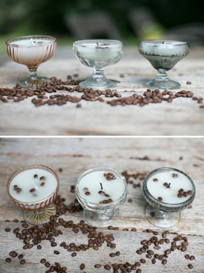 मोमबत्ती खुद बनाओ - कॉफी की फलियों के साथ छोटे, सफेद, गोल मोमबत्ती