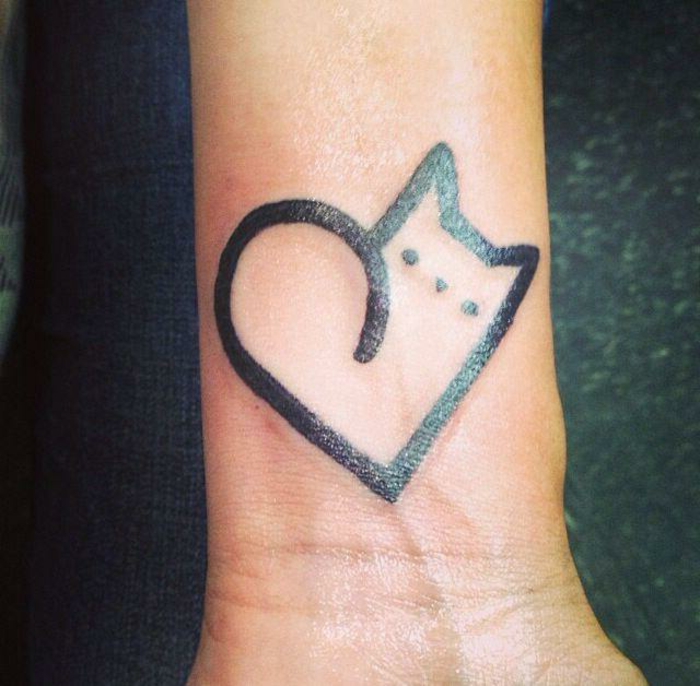 कलाई पर बिल्लियों का टैटू - छोटी आँखें और एक दिल वाली एक काली बिल्ली
