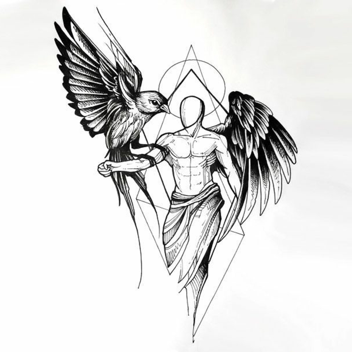 我们最喜欢的黑色天使翅膀纹身的想法之一 - 这里是一个天使，黑色的天使翅膀和黑色的羽毛鸟