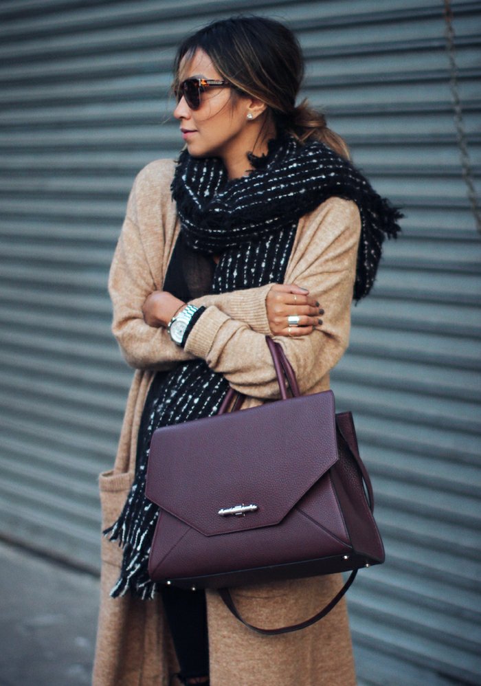 елегантна визия бордо чанта Топъл шал Long-пуловер-бежово