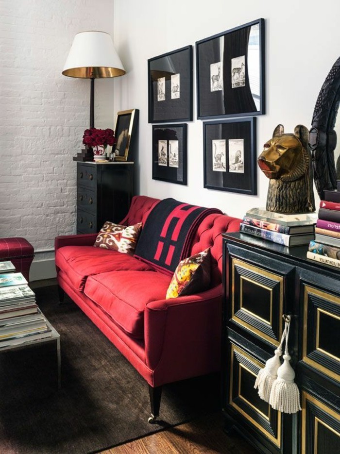सुरुचिपूर्ण कमरे में रहने वाले डिजाइन काले अलमारियाँ भित्ति चित्र सुरुचिपूर्ण कॉफी लाल