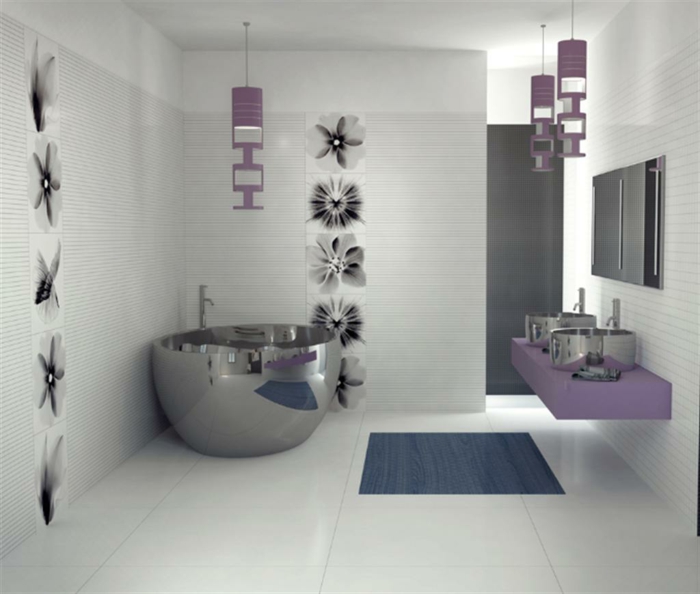 सुरुचिपूर्ण बाथरूम इंटीरियर बैंगनी लहजे-शांत डेको-विचारों पेंडेंट रोशनी