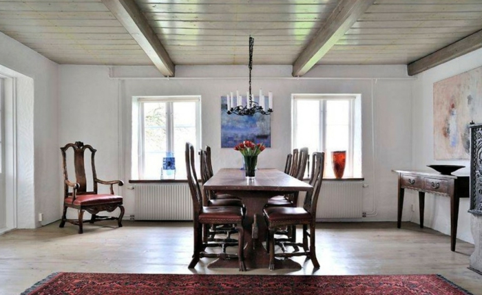 élégant style bois-rouge-noir tulipes-beau-pays-salle à manger meubles bougies lustre