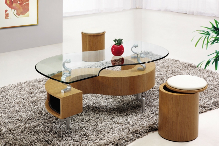 елегантен интериор холна маса-с-столче-дървена основа стъклен плот Креативен дизайн