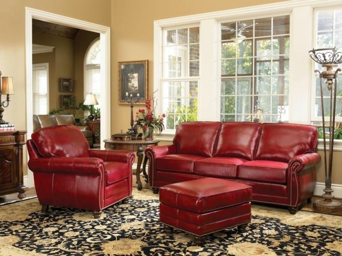 सुरुचिपूर्ण आंतरिक ठीक फर्नीचर कुर्सी और कॉफी कृत्रिम चमड़ा लाल चमड़े के सोफे
