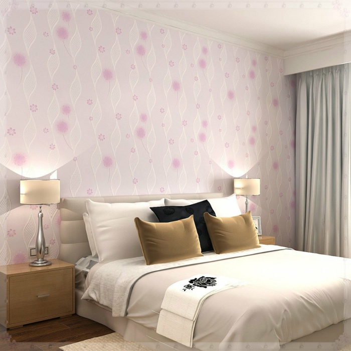 优雅的卧室内部复古壁纸粉红色的色调