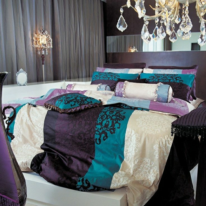 adornos almohada cristales lámpara del dormitorio elegante ropa de cama de color púrpura-azul turquesa-color beige