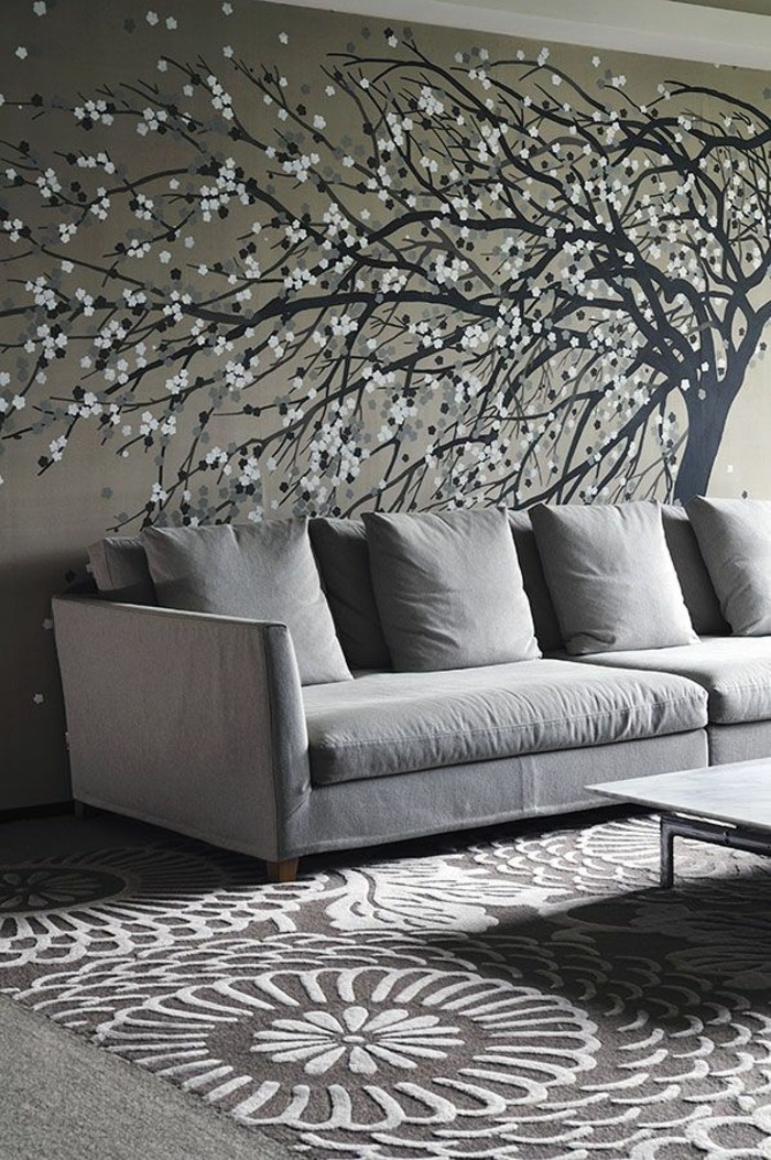 tyylikäs olohuone sisustus harmaan sävyt-mielenkiintoinen matto kuvio-viileä seinään suunnittelu-kaunis-tapetti
