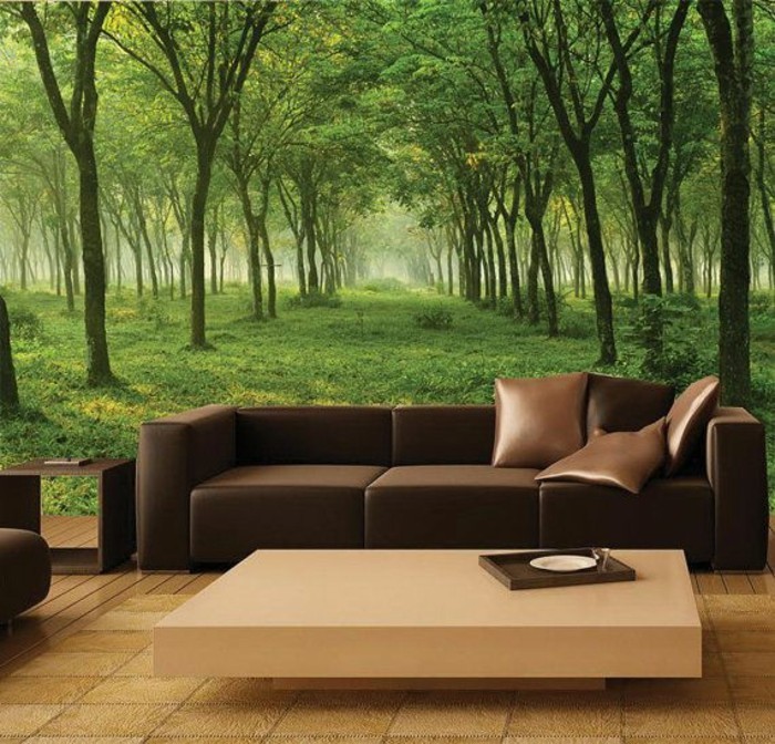 优雅的客厅，古朴的墙纸设计的绿色森林