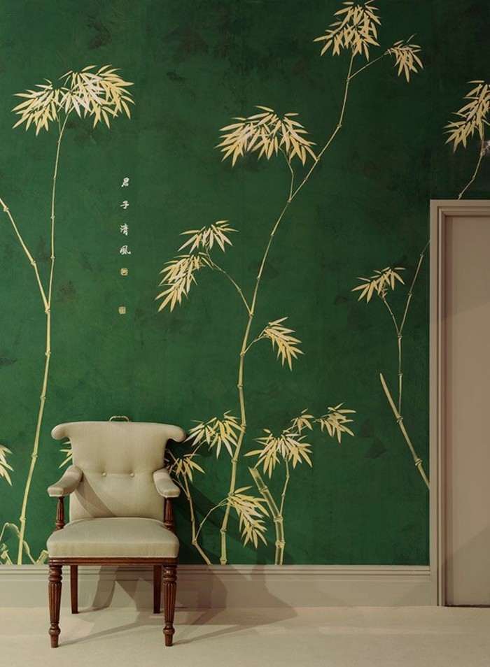 优雅的墙纸设计，绿色背景米色的叶子