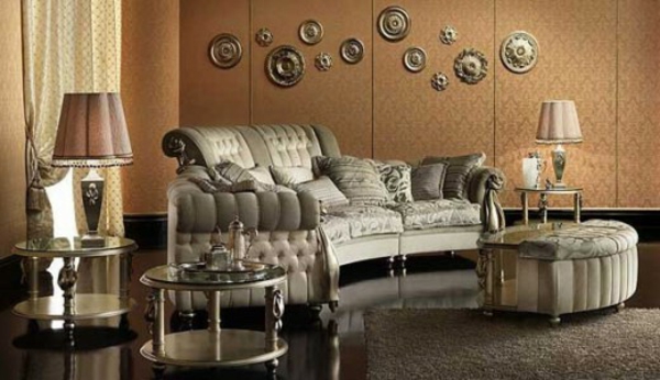 奢华的客厅设计 - 灰色枕头和美丽的灯具