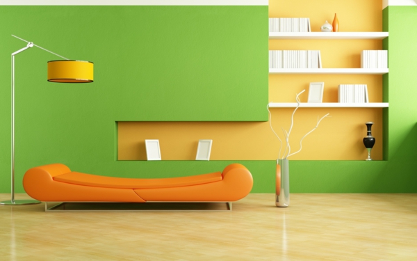 tonos de verde en un sofá naranja fantástica pared .en