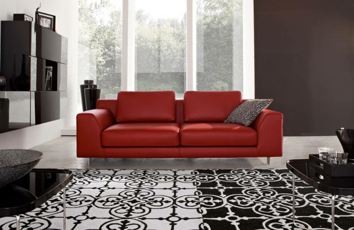 Esquema de color grisáceo-salón-moderna-sofá-rojo-color de la habitación